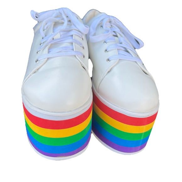 Rainbow Shoes - Rainbow White Platform Sneakers with Multicolor Stripes